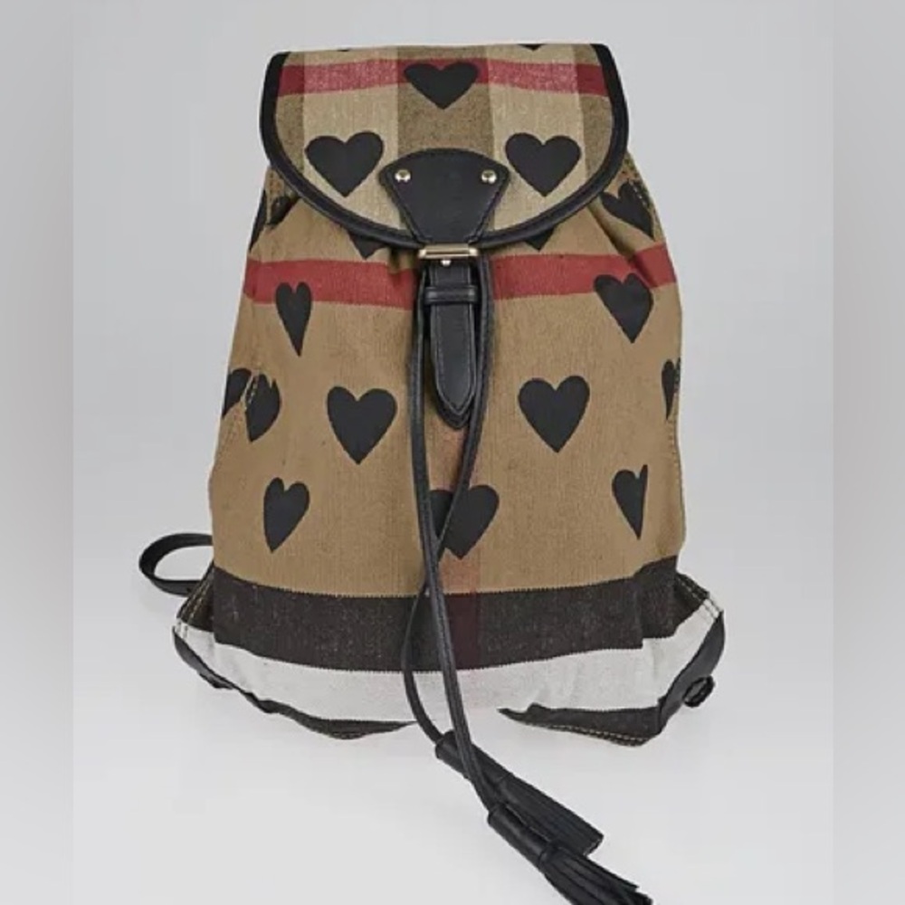 Burberry Black Leather Canvas Check Heart Print Backpack Bag